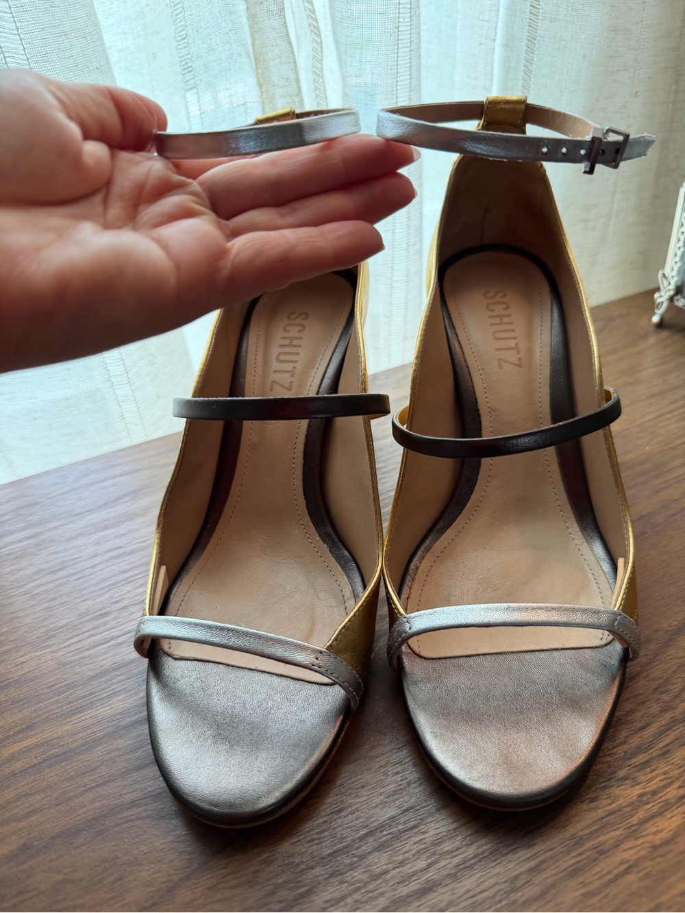 SCHUTZ Metallic Gold and Silver Strappy Ankle-Heel Sandals